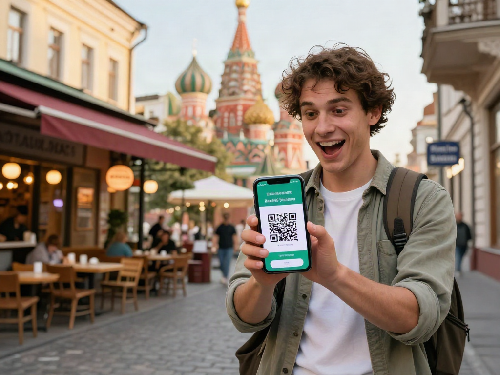Pengembara menggunakan aplikasi pembayaran di Rusia dengan smartphone menunjukkan QR code dari https://payinrussia.com/ di kawasan bandar yang meriah.
