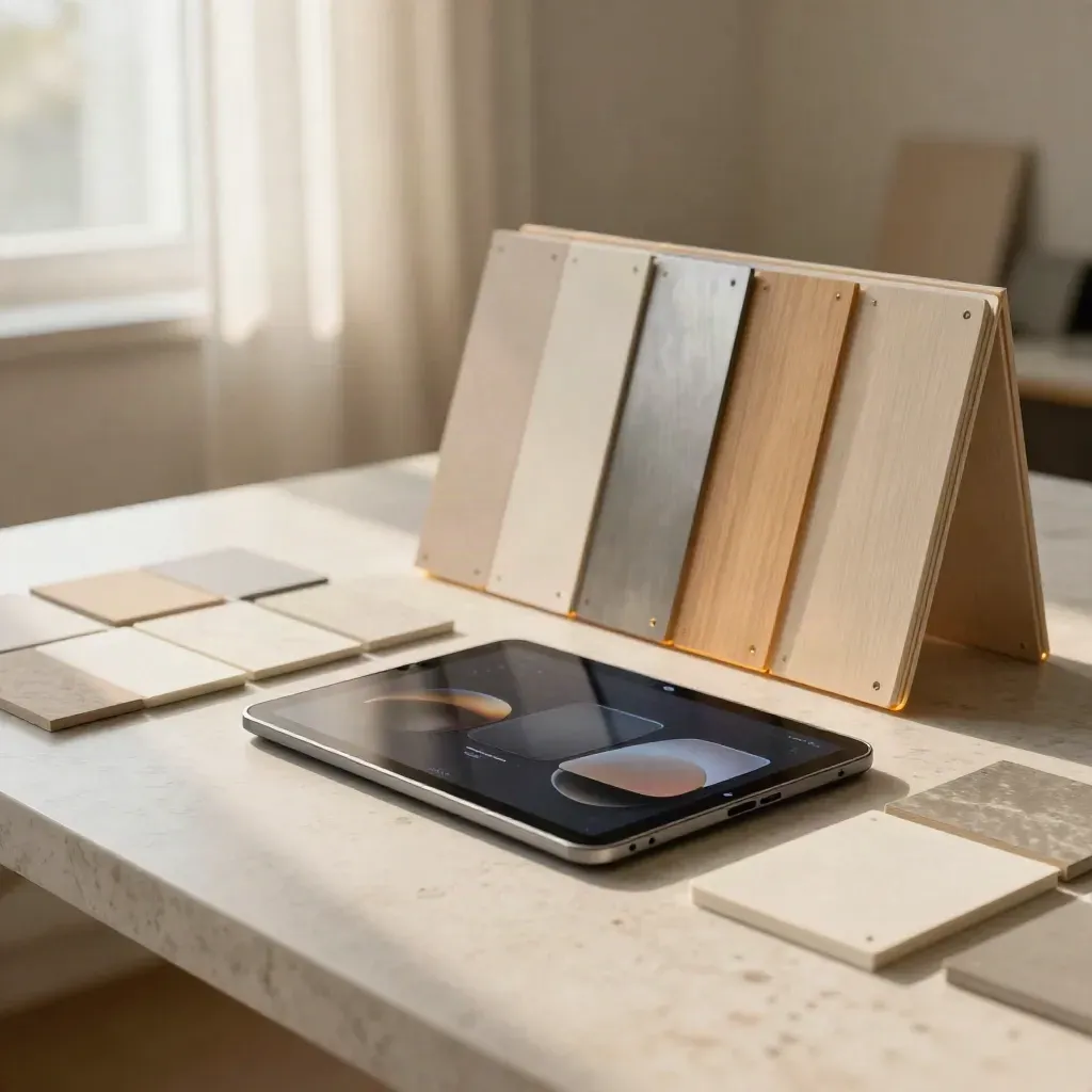 Tablet gelap dan papan UI inklusif dengan sampel bahan di meja studio bercahaya lembut.
